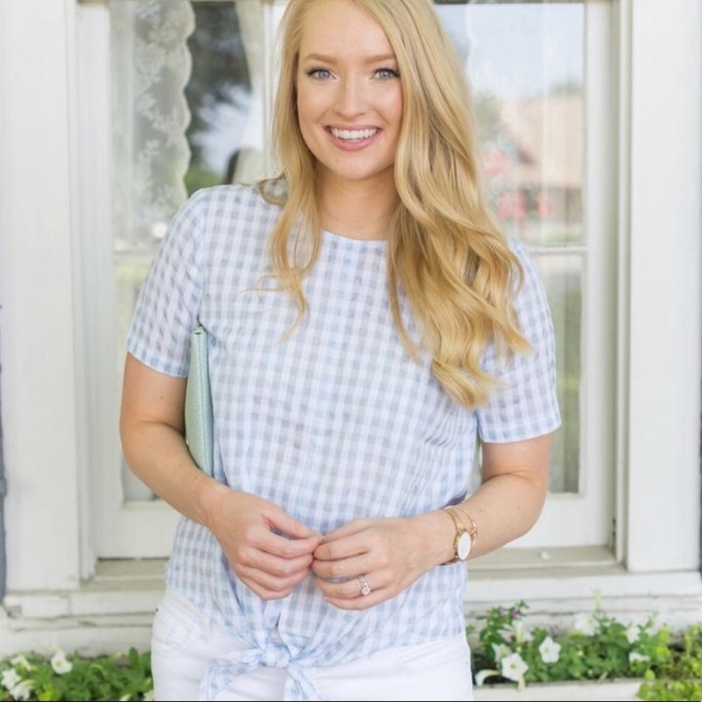 Madewell Blue and White Gingham Blouse with Front Ties. EUC